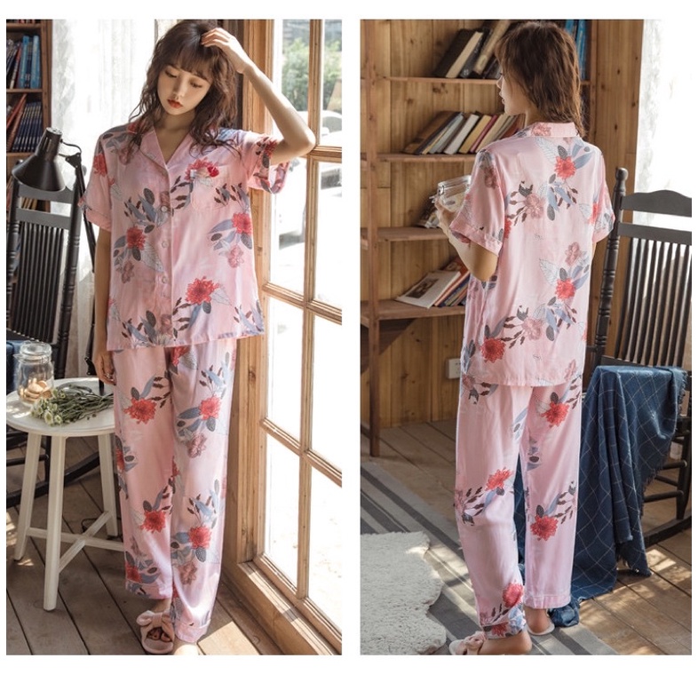 Bộ Pijama Mặc Nhà Nữ Lụa Cotton Cao Cấp Họa Tiết Trang Nhã CiCi