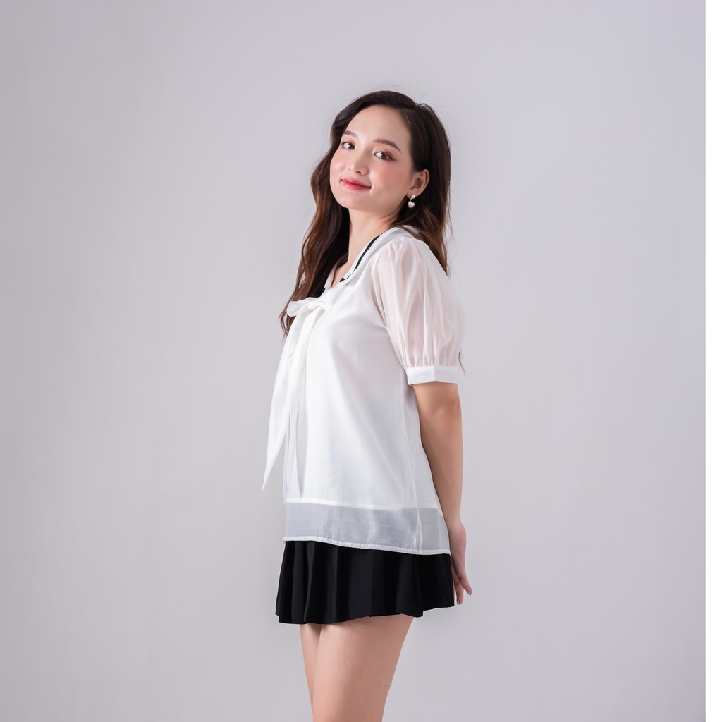 Áo sơ mi nữ cộc tay - Áo kiểu nữ viền cổ thắt nơ