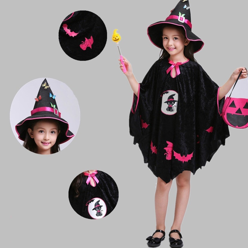Áo choàng phù thủy Halloween kèm nón và túi xinh xắn cho bé gái