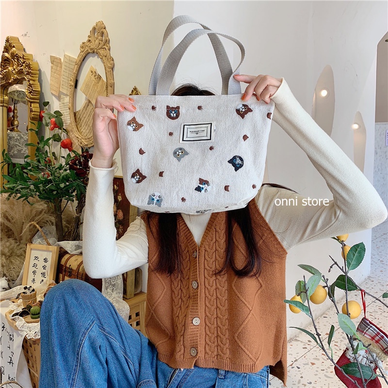 Túi xách vải bạt thêu hình mèo đáng yêu thời trang Hàn Quốc