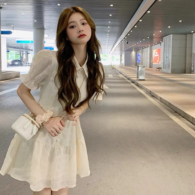Váy Tay Ngắn Cổ Chữ Tròn Màu Kem Phong Cách Hàn Quốc Xinh Xắn Dành Cho Nữ