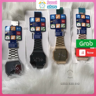 Đồng hồ Nam Nữ điện tử tráng gương A168, đồng hồ cảm ứng màn hình LED dây thép không gỉ mặt vuông