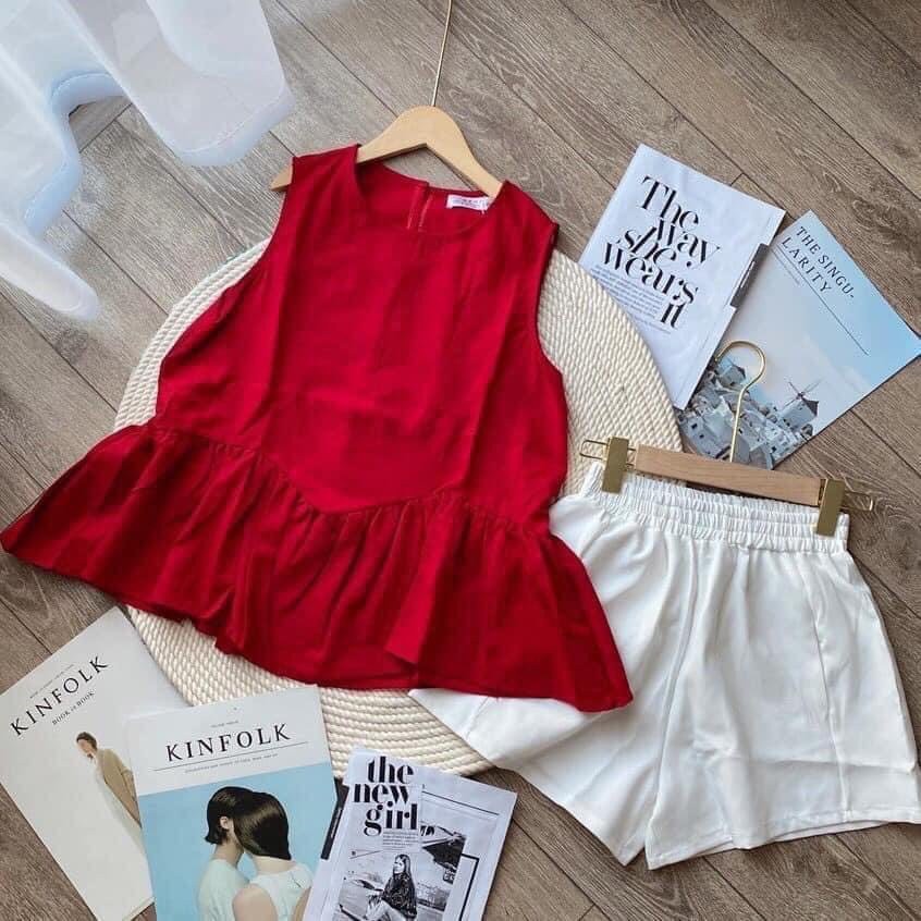 Set Áo Đũi Bèo Mix Quần Đũi Trắng Bộ Yếm Đỏ Sát Nách Nữ Thiết Kế | BigBuy360 - bigbuy360.vn