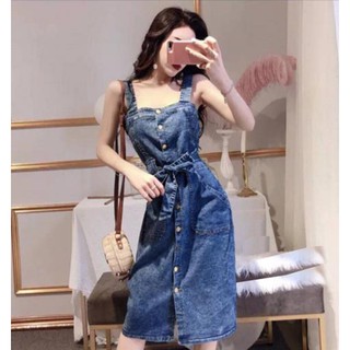Đầm Yếm Jean Nữ Thắt Dây Eo Thời Trang