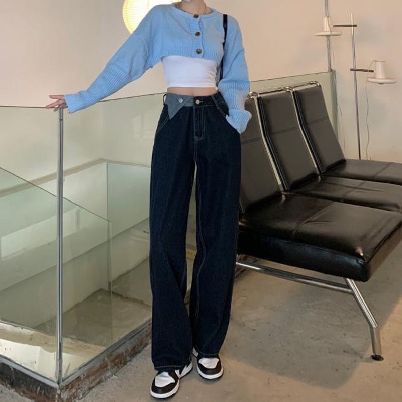 Quần jeans nữ lưng cao ống suông form rộng phối tam giác phong cách Hàn Quốc năng động đi học đi chơi hàng QC loại 1