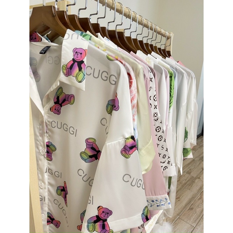 Váy ngủ sơ mi lụa tay lỡ gấu bảy sắc cầu vòng cute 13