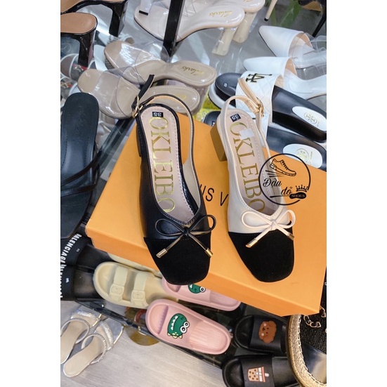 Giày sandanl cao gót nữ bít mũi gắn nơ đế vuông 3cm ảnh thật shop tự quay