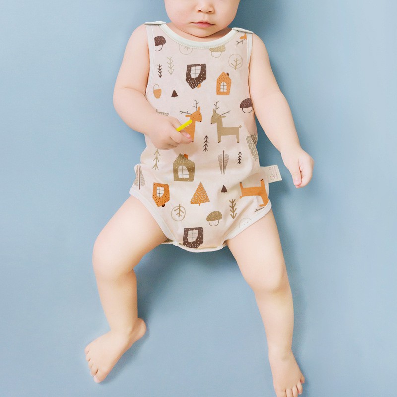 Sơ sinh cotton tam giác túi rắm quần áo trẻ em áo liền quần không tay dễ thương bé trai và bé gái in áo liền quần
