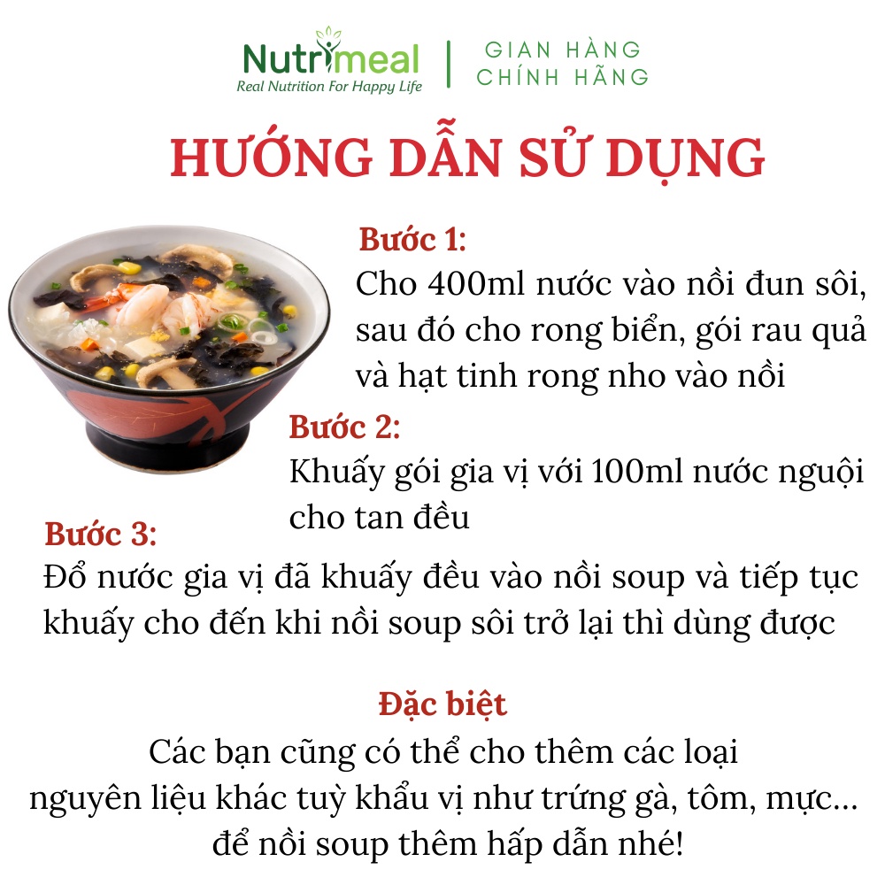 Hộp 10 Gói Súp Rong Biển Hải Sản Ăn Liền Nutrimeal 30gr/ Gói/ 12 Người Dùng