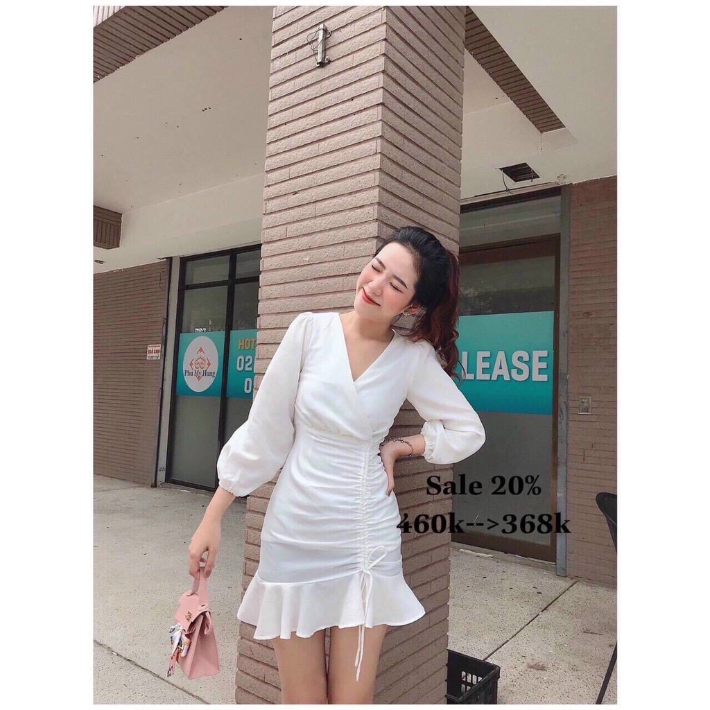 Đầm tiểu thư cổ v , đầm tay dài rút dây đuôi cá, váy tay phồng nhún eo rút bên hông màu đỏ trắng trẻ trung