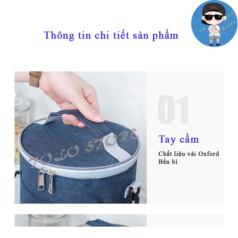 Túi Đựng Hộp Cơm Văn Phòng Hình Trụ 3 Lớp Giữ Nhiệt, Chống Thấm Nước, Có quai Đeo Tiện Dụng