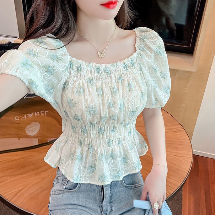 Áo Voan Tay Ngắn Cổ Vuông Xếp Ly Ôm Eo Phong Cách Phương Tây Mẫu Mới 2022 Thời Trang Cho Nữ