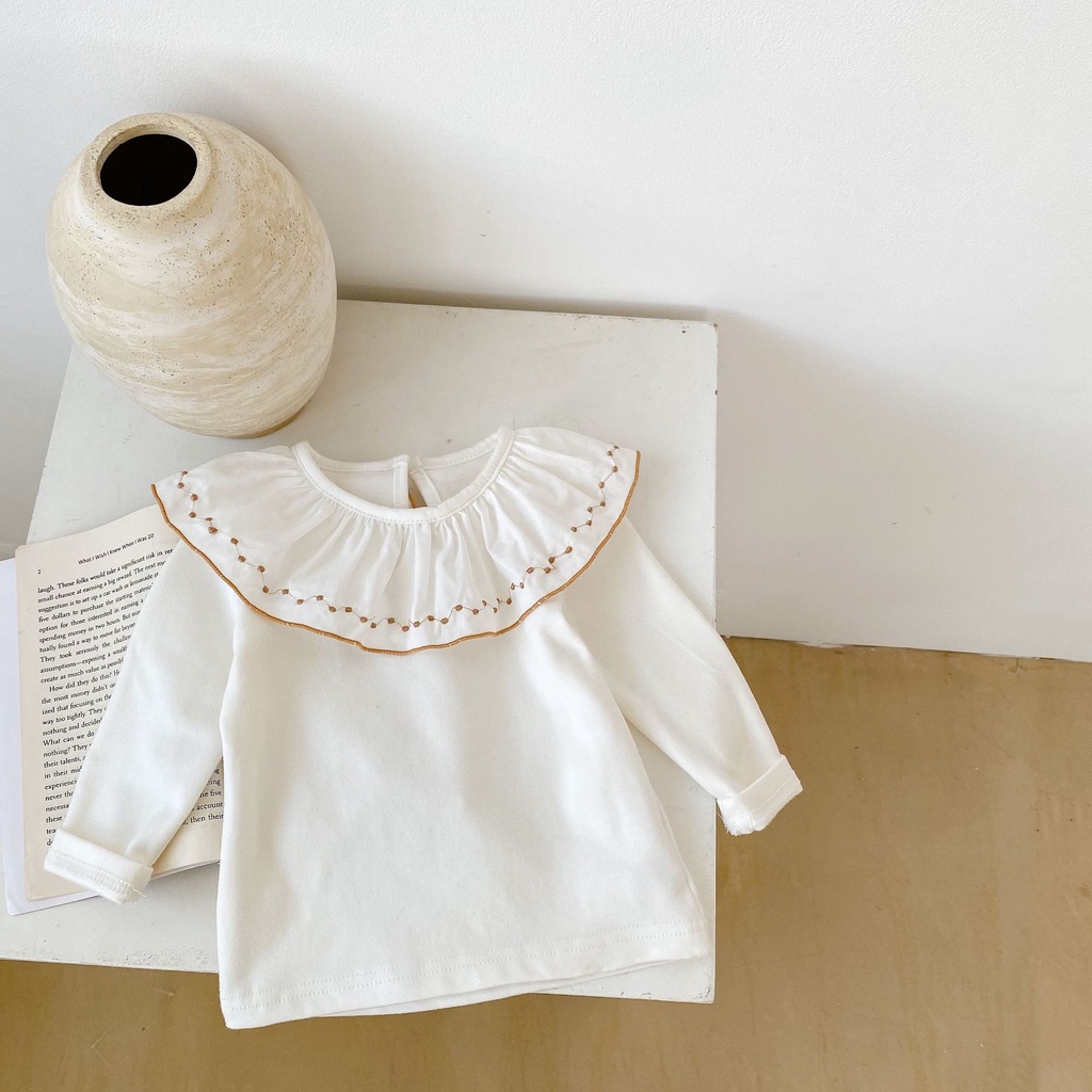 Áo thu đông trắng cổ bèo điệu đà cho bé gái, chất cotton mềm mịn, dễ mix đồ style Hàn Quốc
