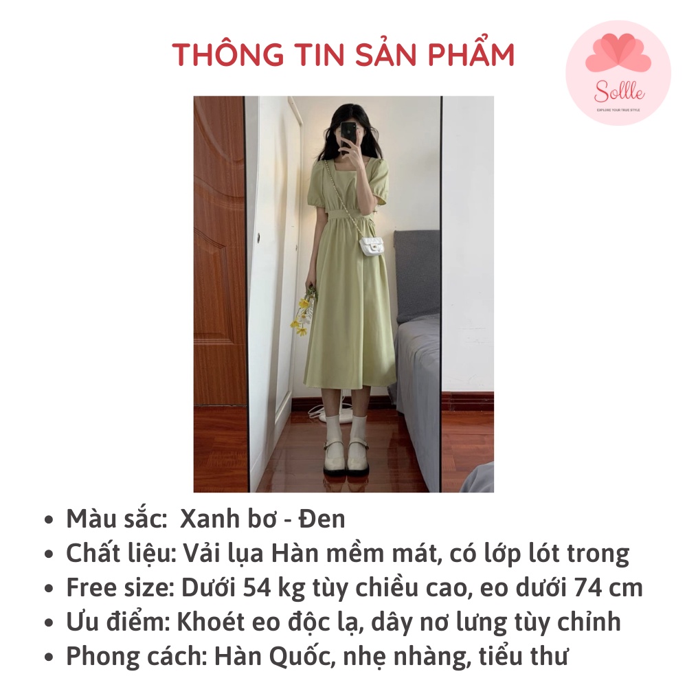 Đầm nữ khoét eo tay bồng xanh bơ Váy cutout cổ vuông hở eo thắt nơ sau dáng dài Sollle