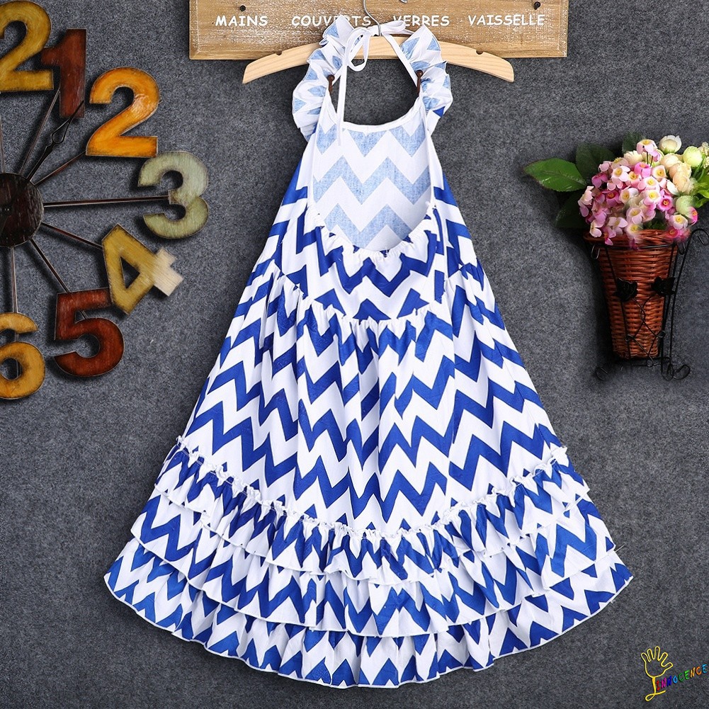 ❤XZQ-Fashion Kids Girls Maxi Long Party Dress Boho Stripe Summer Beach Sundress 2-8 Years