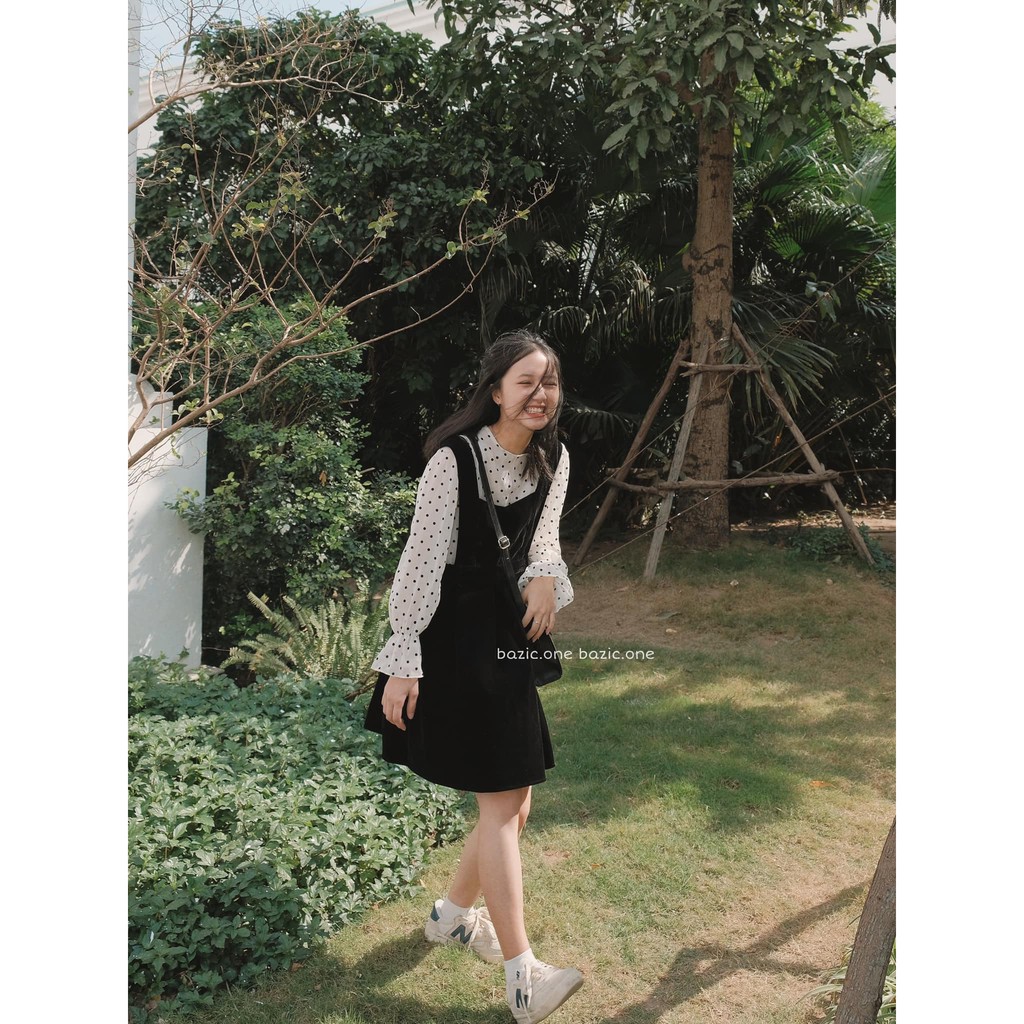 Set Váy Yếm Chữ A Phối Tay Tơ Chấm Bi Nữ Ulzzang  ☘ Set Váy Liền Tay Vải Nhung