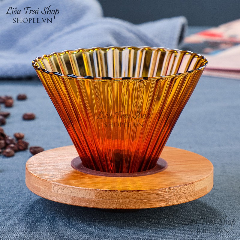 Phễu v60 pha cà phê cafe v60 giấy lọc Pour over drip thuỷ tinh nhiều màu giá gỗ tròn