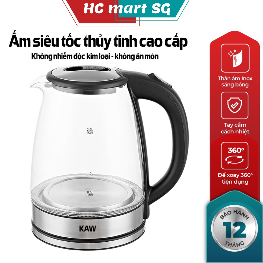 Bình siêu tốc thuỷ tinh, Ấm siêu tốc thủy tinh KAW An toàn, Tiết kiệm điện. BẢO HÀNH CHÍNH HÃNG UY TÍN