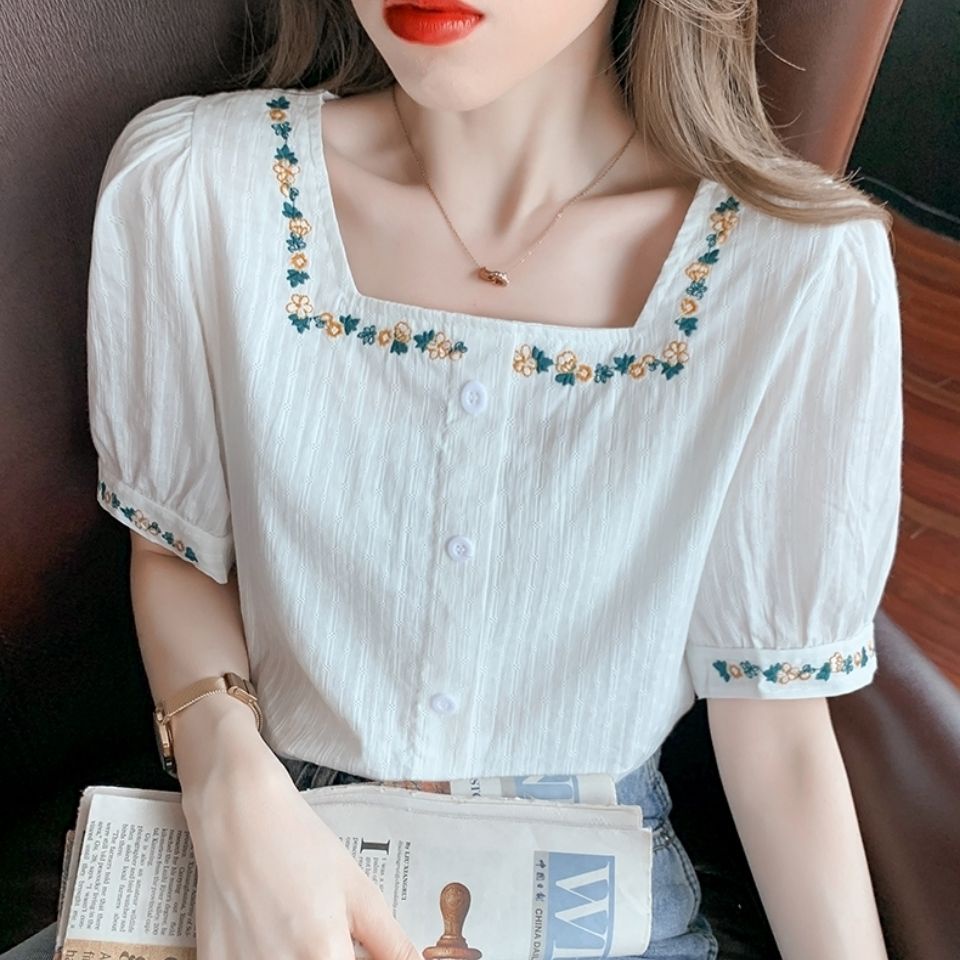 Áo sơ mi cổ vuông dáng rộng thêu họa tiết thời trang phong cách Hàn Quốc cho nữ