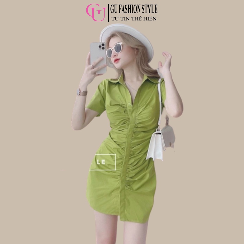 Đầm Sơ Mi Nữ Cộc Tay Thiết Kế Nhúm Ngực Tôn Dáng Chất Liệu Vải Thô Mềm Thoáng Mát 2 Màu Mã GU103 - GU FASHION STYLE