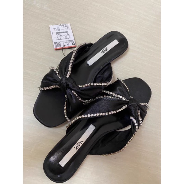 Zara Dép nơ lụa đen đính đá