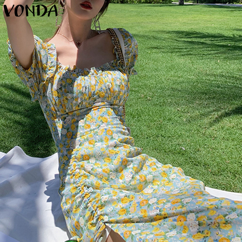  Đầm Tay Ngắn Cổ Vuông VONDA Họa Tiết Hoa Xẻ Tà Phong Cách Hàn Quốc | BigBuy360 - bigbuy360.vn