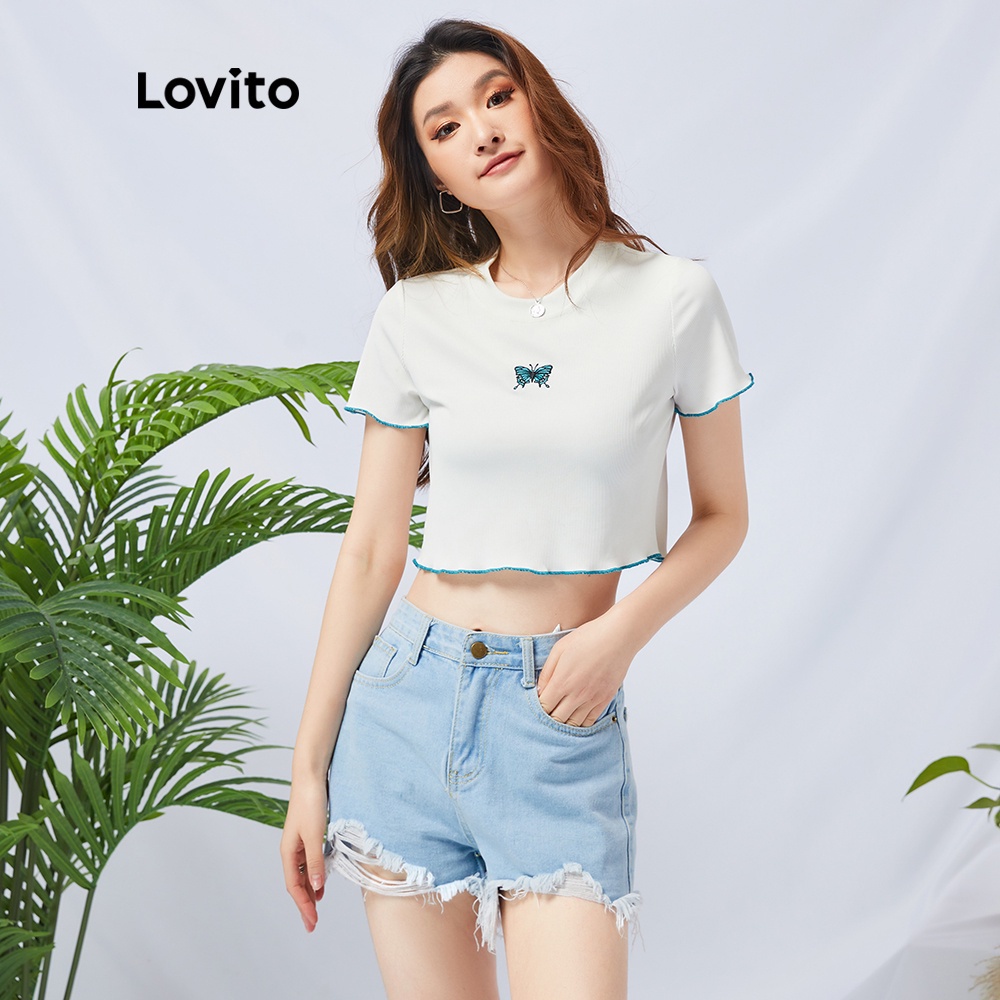 Áo thun Lovito cổ tròn in hình bướm thời trang phong cách thường ngày L11D09 (Màu trắng) | BigBuy360 - bigbuy360.vn