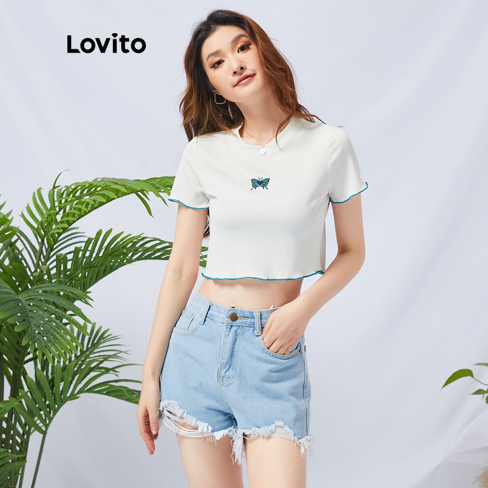 Áo thun Lovito cổ tròn in hình bướm thời trang phong cách thường ngày L11D09 (Màu trắng) | WebRaoVat - webraovat.net.vn