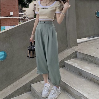 Quần jogger nữ freesize chất đũi xanh nâu cạp cao lưng chun ống rộng bo gấu thời trang nữ C421