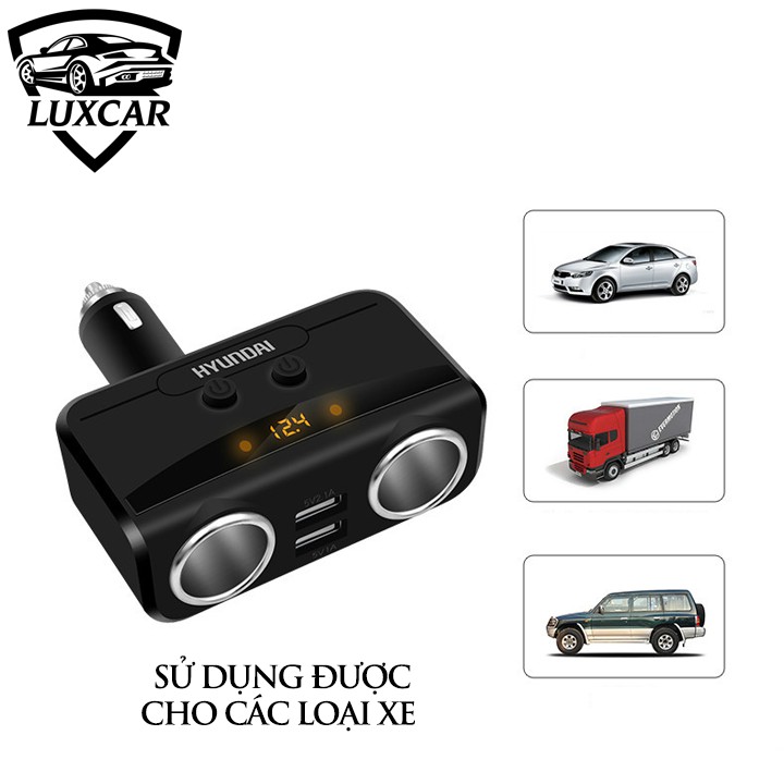 Bộ chia tẩu sạc xe hơi cao cấp LUXCAR chính hãng Hyundai hiển thị điện áp ô tô, 2 tẩu - 2 cổng USB