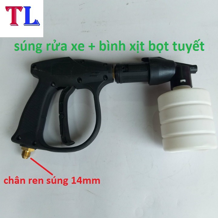 Súng Xịt Rửa Xe Áp Lực Cao Và Bình Phun Bọt Tuyết (súng đen ren 14mm + bình 0,5 lít)