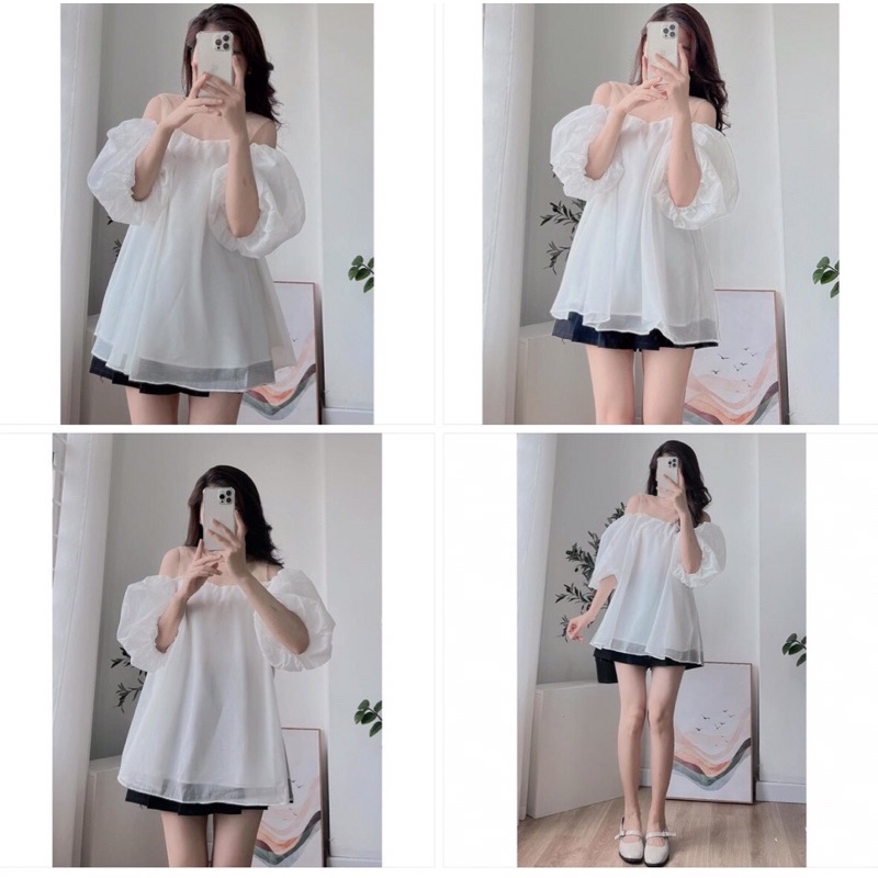 [Ảnh thật/Video]Áo babydoll trễ vai tiểu thư màu trắng xoè đính hạt  ngọc Áo trễ vai Hàn Quốc