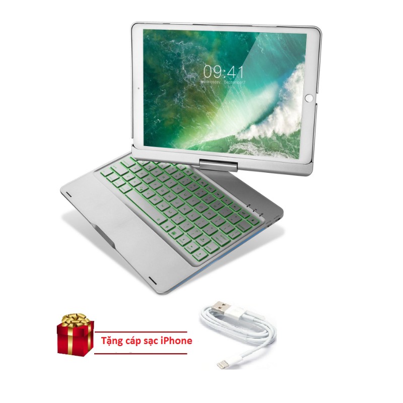 Bàn phím bluetooth kiêm ốp lưng F360 cho iPad Pro 10.5'' xoay 360 độ (Bạc) tặng cáp sạc iPhone