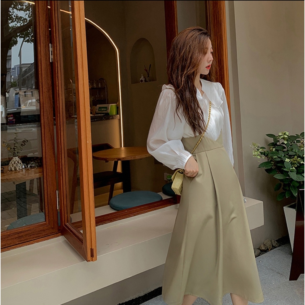 Set áo sơ mi dài tay và chân váy kiểu Hàn