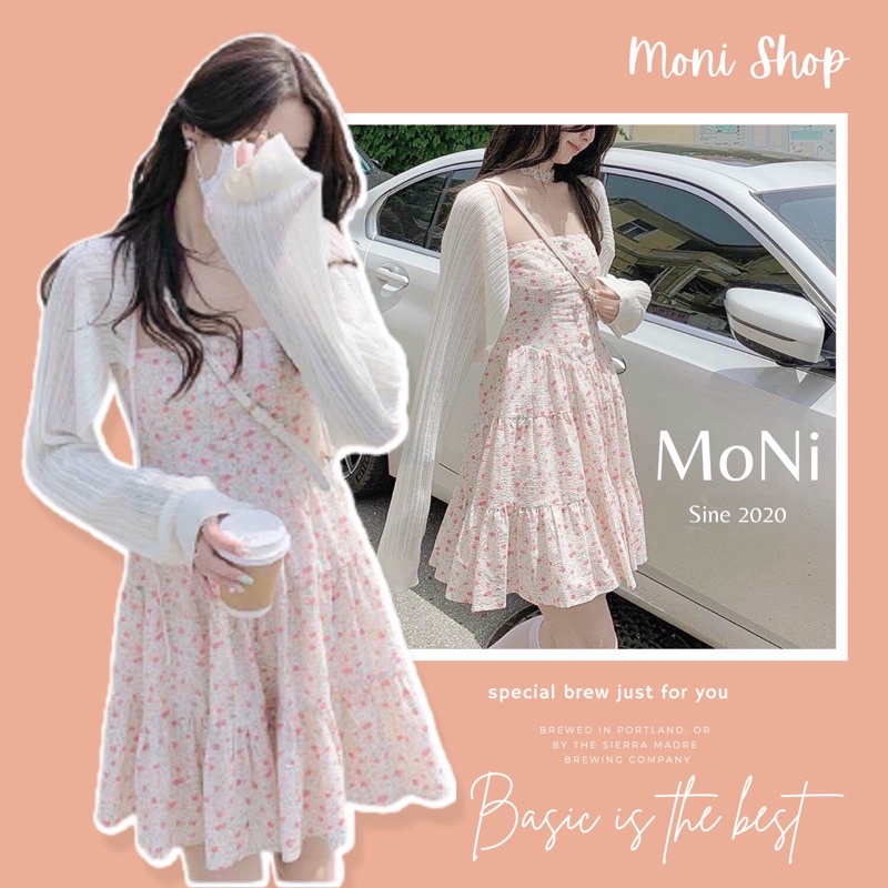 Set đầm 2 dây hoa nhí dáng xòe kèm áo khoác cardigan giấy trắng tay dài