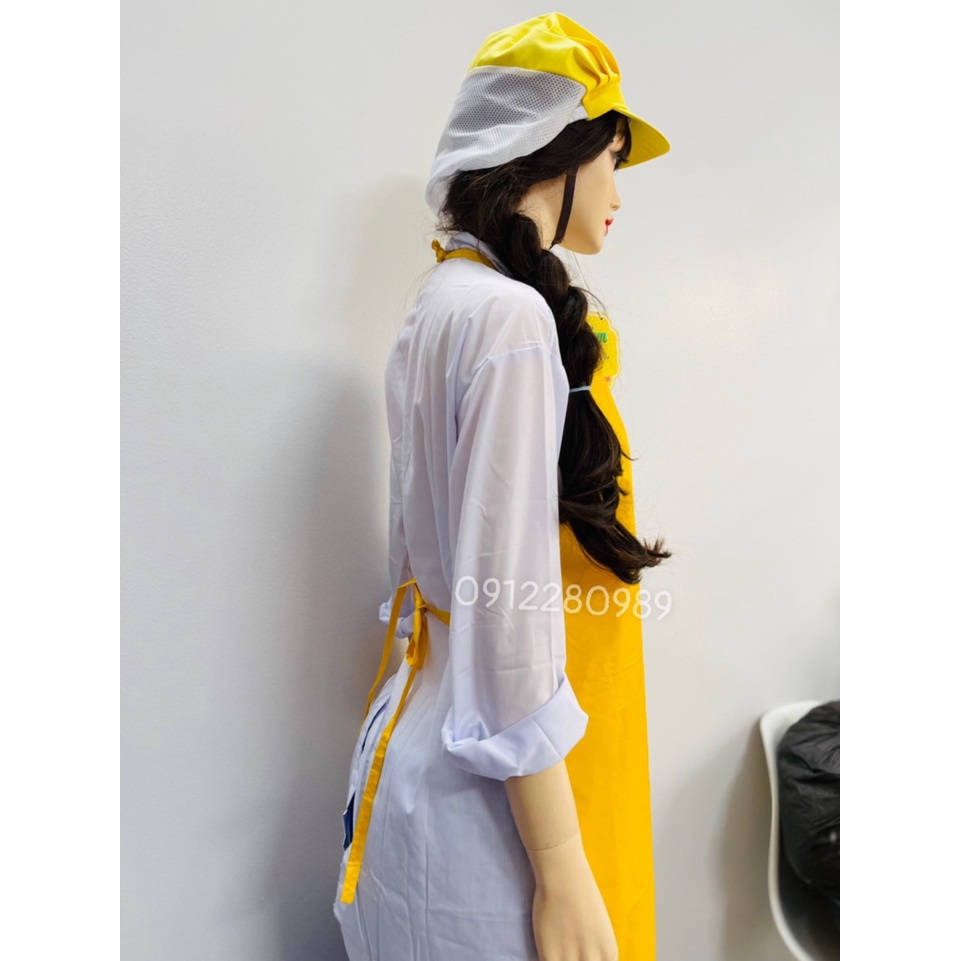 Tạp dề yếm chống thấm nước màu vàng, tạp dề thủy sản _ Hình chụp thật