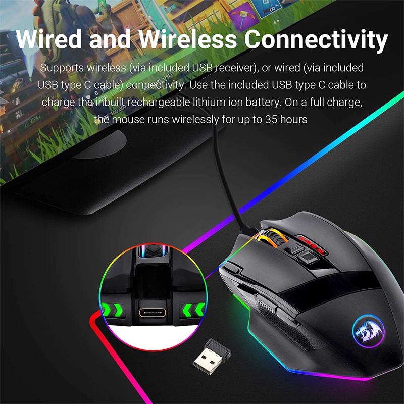 Chuột máy tính chơi game REDRAGON M801P RGB 16400 DPI 10 nút bấm hai chế độ không dây/ có dây tiện lợi