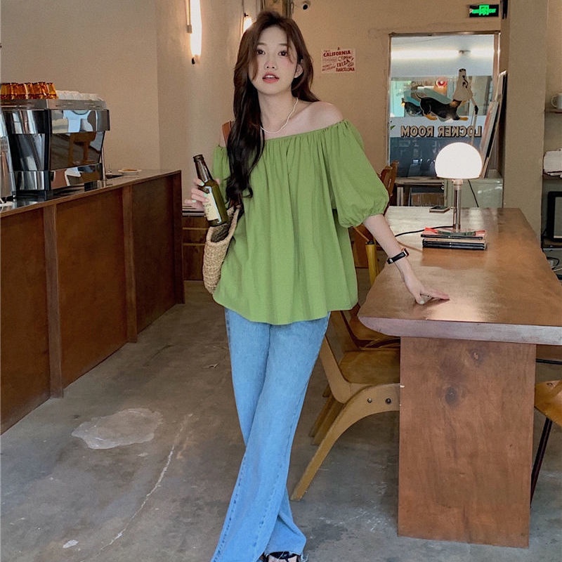 Áo kiểu IELGY ngắn tay trễ vai màu trơn dễ phối đồ thời trang thịnh hành cho nữ