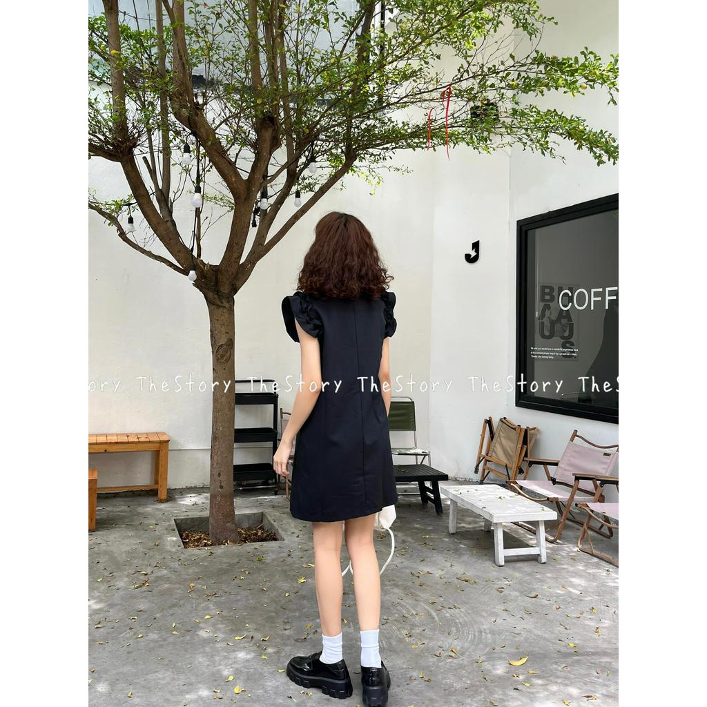 Đầm cổ sơ mi, đầm đen bèo trắng  D1129