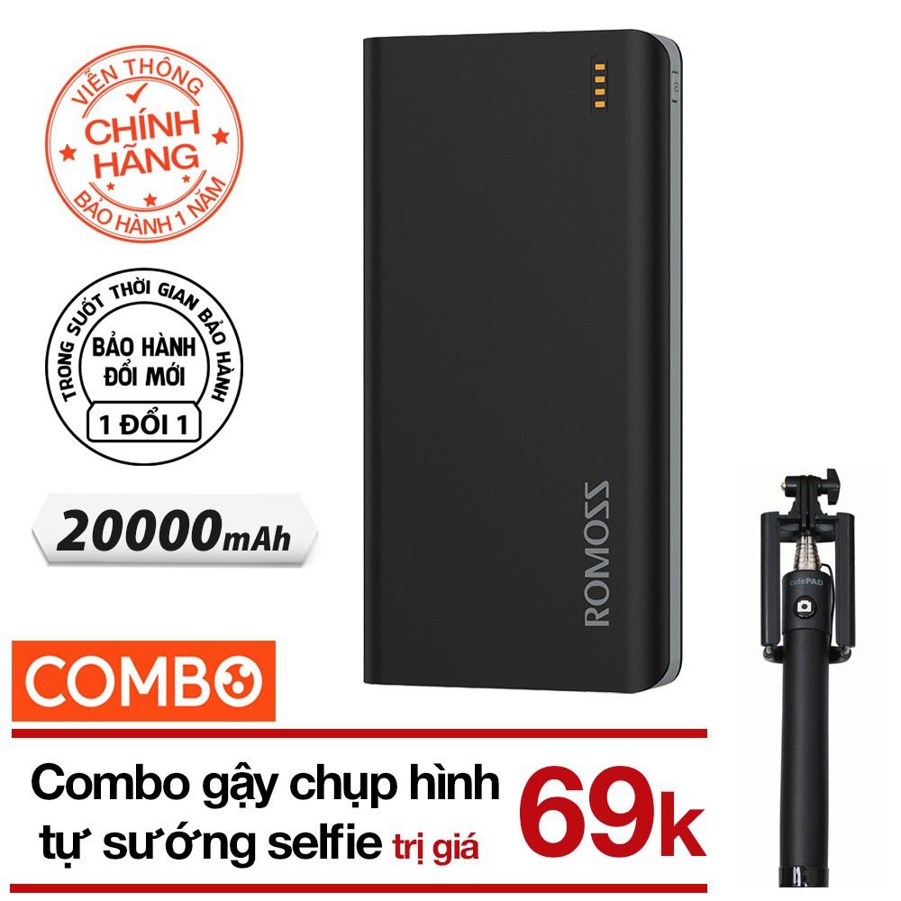 Combo Pin sạc dự phòng 20.000mah Romoss Solit 20 (Đen) + Gậy chụp hình selfie (màu ngẫu nhiên)