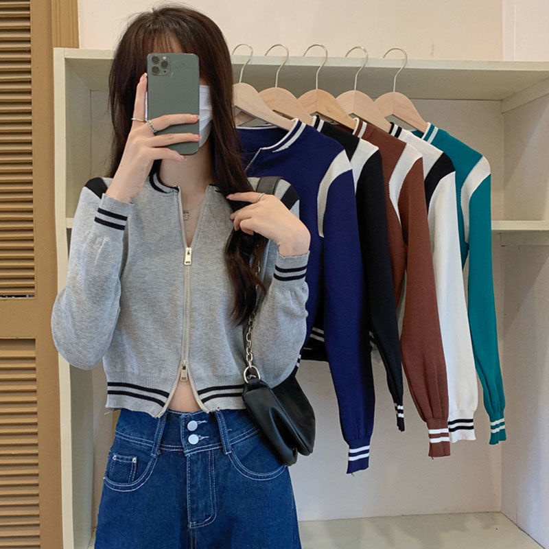 Áo khoác cardigan dài tay phối khóa kéo màu sắc tương phản phong cách Hàn Quốc