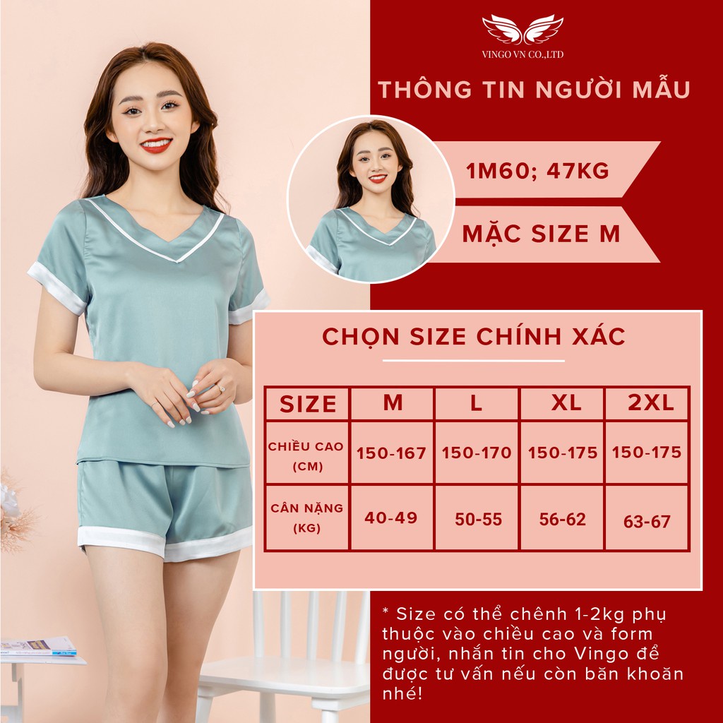 Đồ bộ mặc nhà nữ pijama VINGO áo cổ V tay ngắn quần đùi lụa Hàn mặc ngủ mùa Hè mát có bigsize màu xanh hồng H347 VNGO