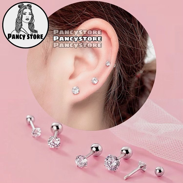 bông tai khuyên tai nam nữ titan tròn đính kim thanh xỏ mỏng siêu bền không gỉ
