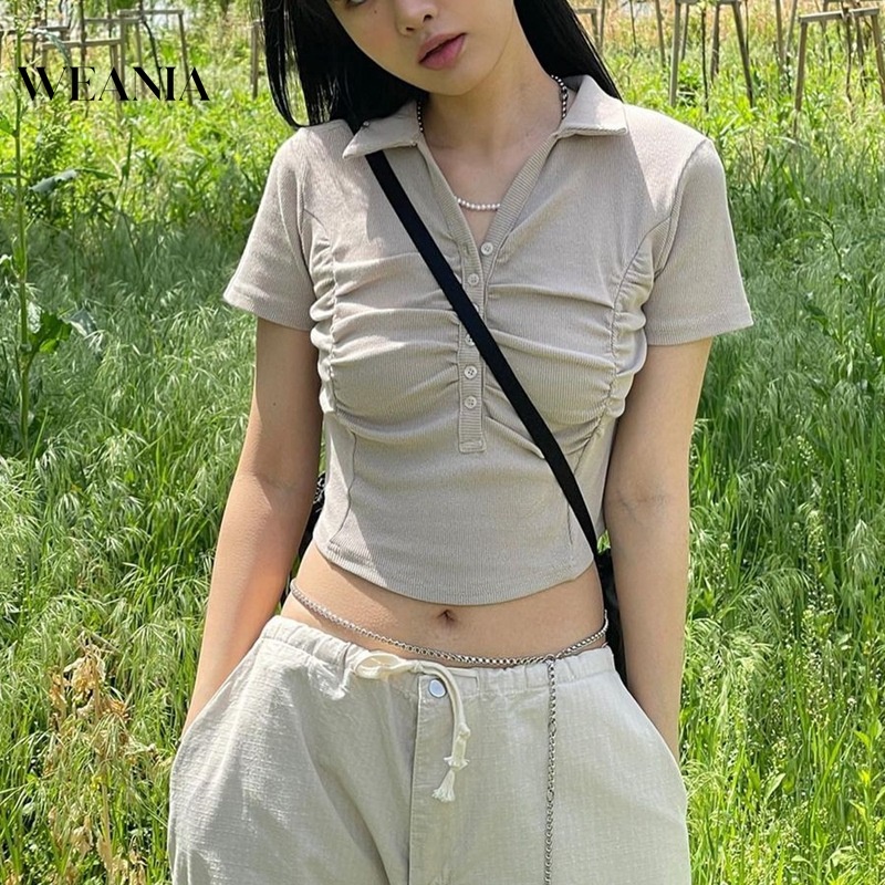 Áo Sơ Mi Croptop Tay Ngắn Cổ Bẻ Thiết Kế Xếp Ly Nữ Tính