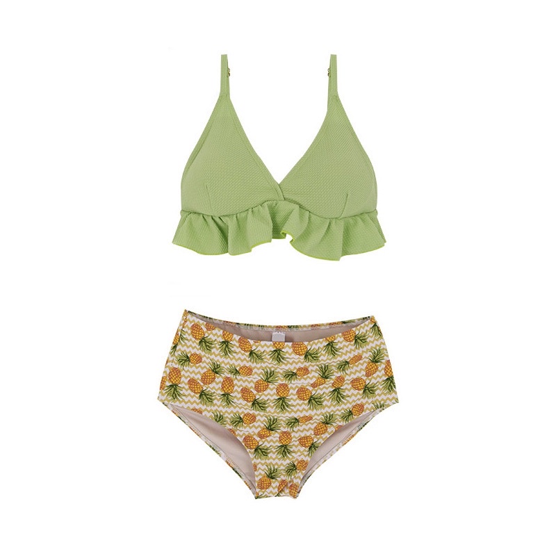 Bikini đồ bơi nữ 2 mảnh cạp cao màu xanh bơ trái dứa dễ thương