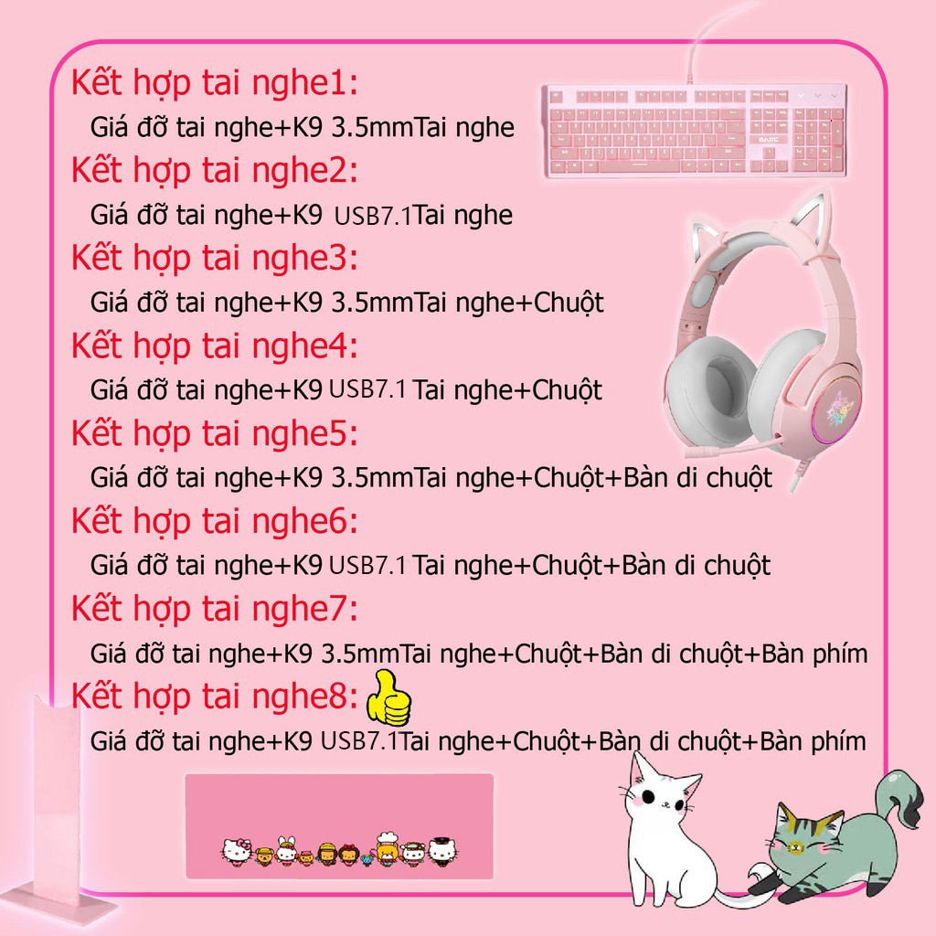 Tai nghe mèo chụp tai chơi game ONIKUMA K9 Bộ màu hồng tai nghe, chống ồn Có đèn RGB Micro
