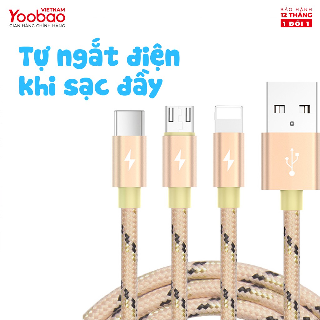 Dây cáp sạc 3 trong 1 (Micro USB/Lingtning/Type C) Yoobao YB-453 vỏ bện nylon Dài 1.2m - Hàng chính hãng - Bảo hành 12 t