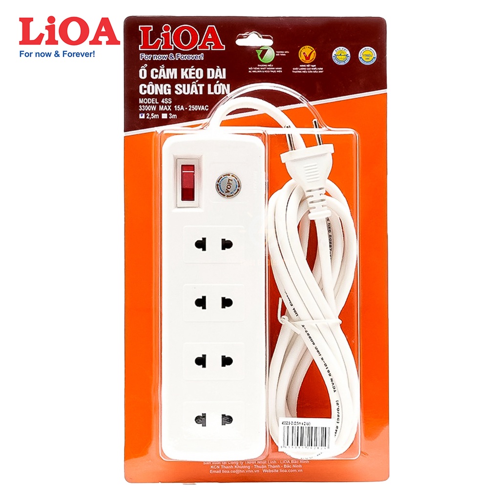 Ổ cắm điện công suất lớn, ổ cắm chịu tải, cao cấp, LIOA,  chịu tải 3300W, 4 ổ cắm, 1 công tắc, 4SS2.5-2