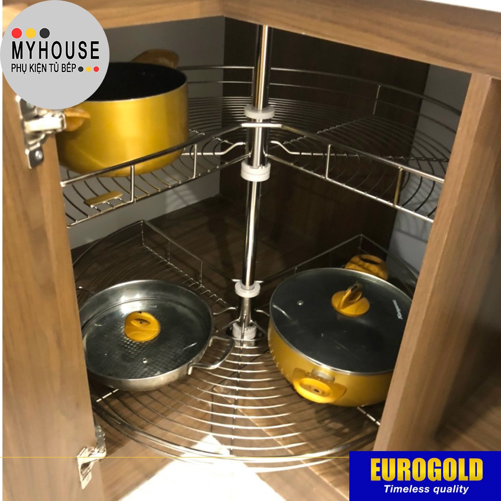 Kệ để xoong nồi, bát đĩa xoay 180, 270 360 độ Eurogold, Mâm xoay inox lắp góc chết tủ bếp