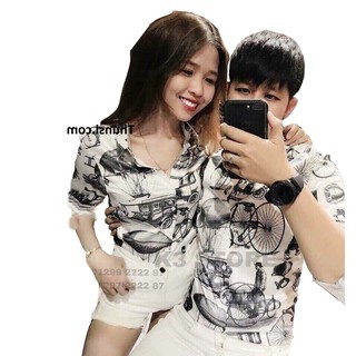 Áo đôi nam nữ sơmi chất lụa dài tay .áosơ mi cặp đôi nam họa tiết xe -bỏ_sỉ